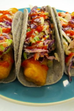 Beer Battered Fried Trout Tacos with Spicy Horseradish Coleslaw