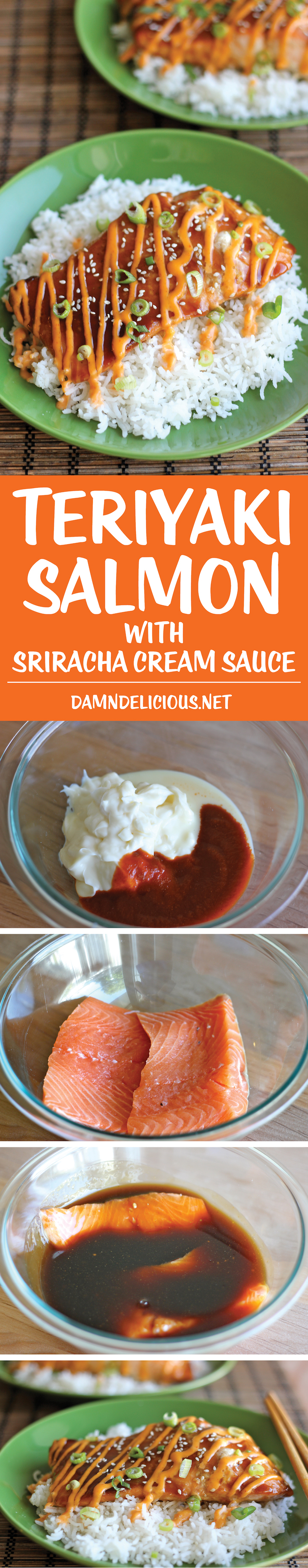 Teriyaki Salmon with Sriracha Cream Sauce - An easy dish with homemade teriyaki sauce and a sweet and spicy Sriracha cream sauce!