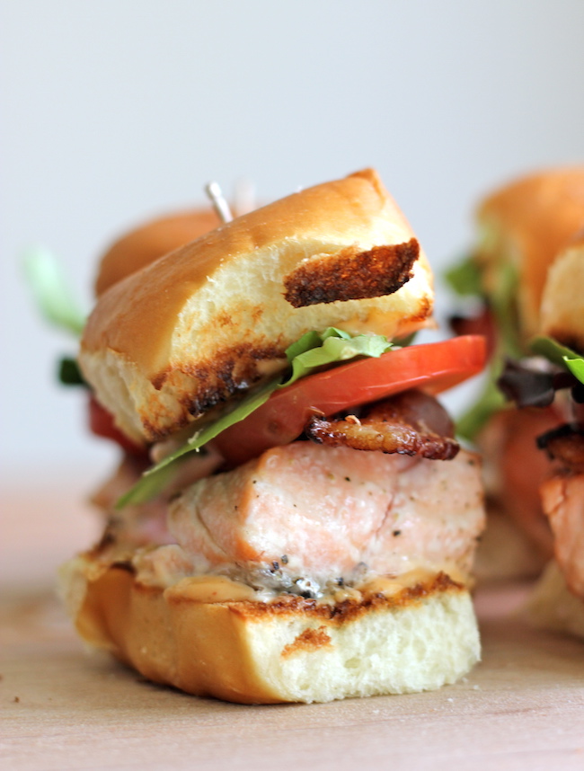 Salmon BLT Sliders with Chipotle Mayo - Loaded sliders with baked salmon and crisp bacon smothered in chipotle mayo.