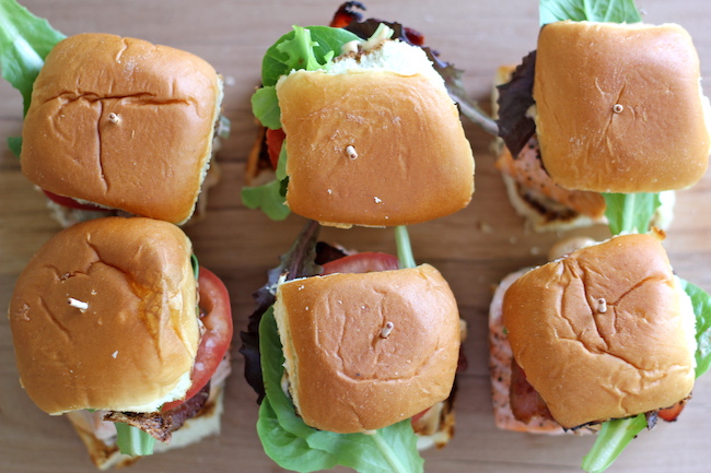 Salmon BLT Sliders with Chipotle Mayo - Loaded sliders with baked salmon and crisp bacon smothered in chipotle mayo.