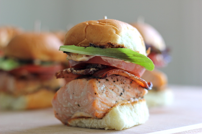 Salmon BLT Sliders with Chipotle Mayo - Loaded sliders with baked salmon and crisp bacon smothered in chipotle mayo.