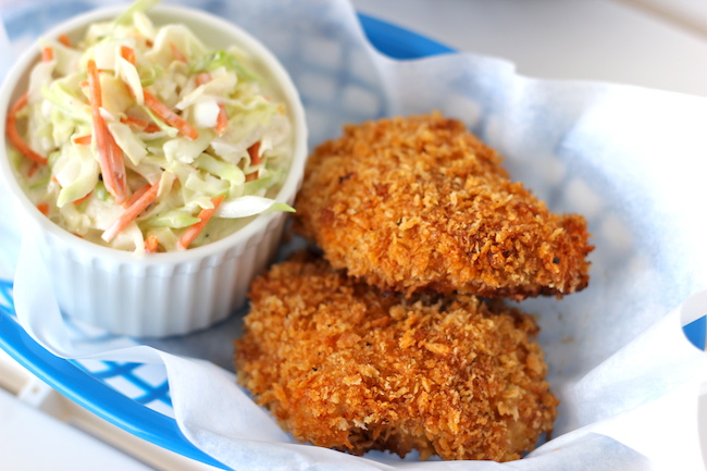 Oven-Fried Chicken with Homemade Coleslaw - These chicken thighs are so crisp, no one will believe you when you tell them it's been baked!