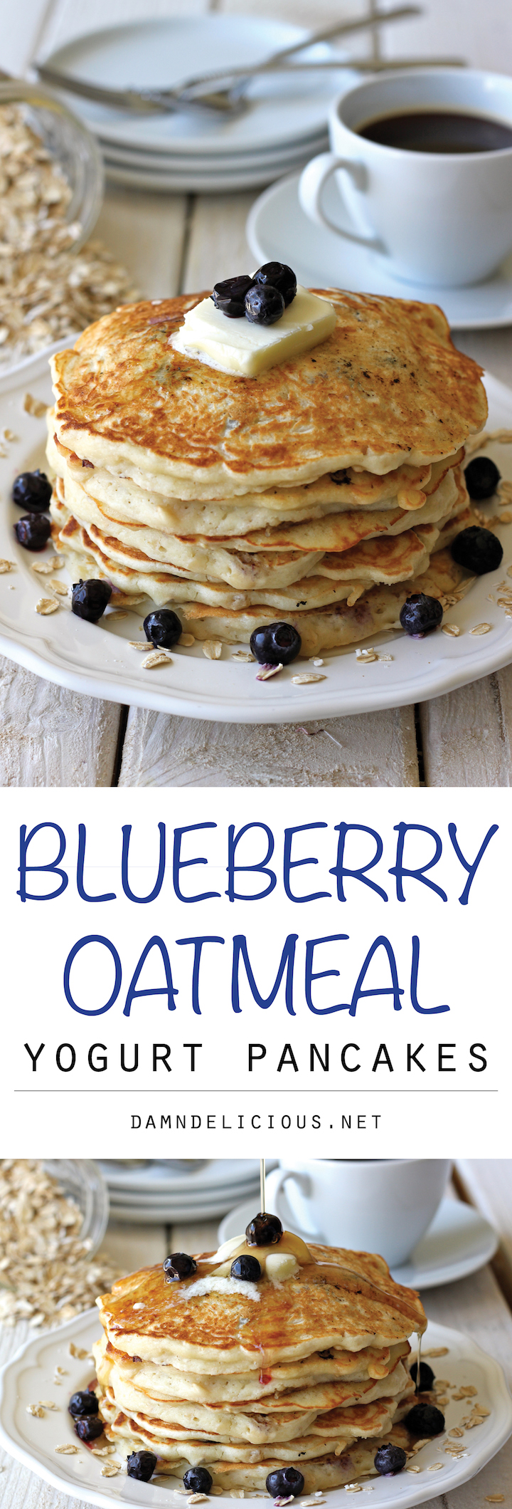 Blueberry Oatmeal Yogurt Pancakes - Start your mornings off right with these light and healthy pancakes loaded with juicy blueberries!