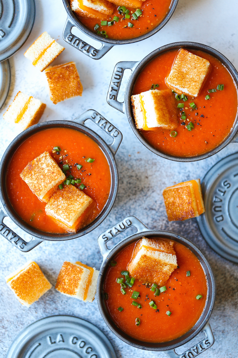 Fresh Tomato Soup with Grilled Cheese Croutons