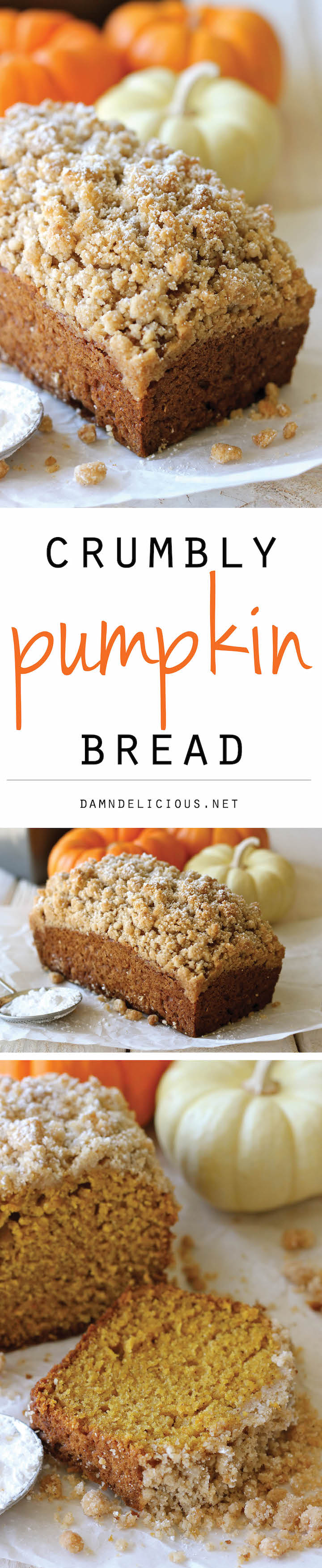 Crumbly Pumpkin Bread - With lightened-up options, this can be eaten guilt-free! And the crumb topping is out of this world amazing!