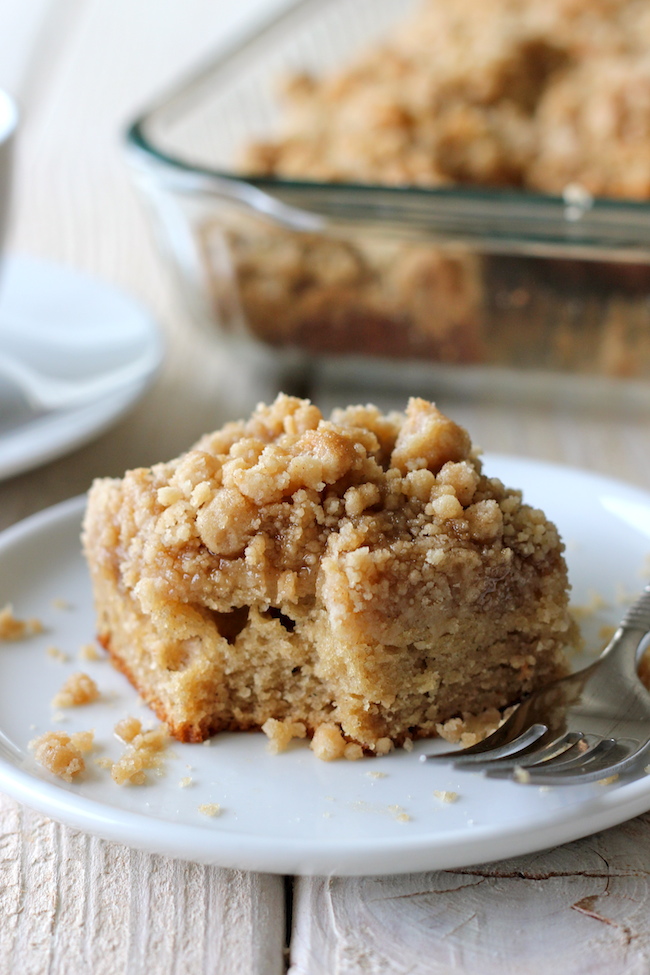 Coffee Cake with Crumble Topping and Brown Sugar Glaze - A coffee cake with a mile-high crumb topping that everyone will love!