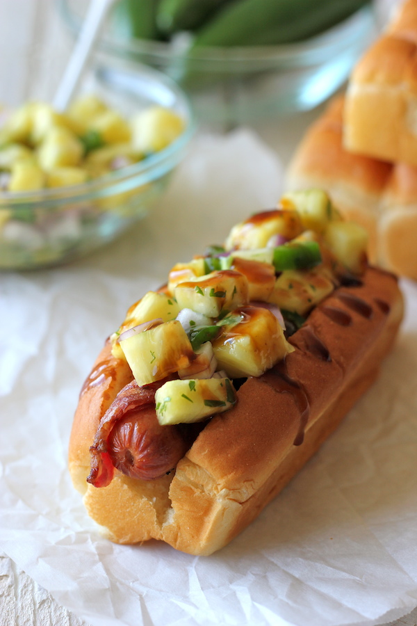 Bacon Wrapped Teriyaki Hot Dogs with Pineapple Salsa