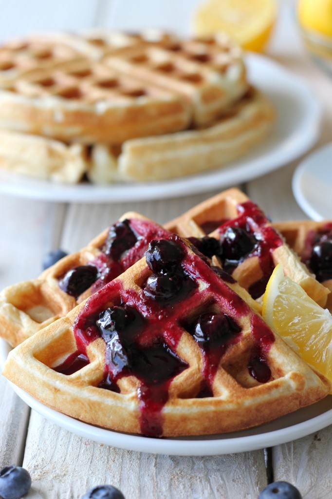 Lemon Belgian Waffles with Blueberry Syrup