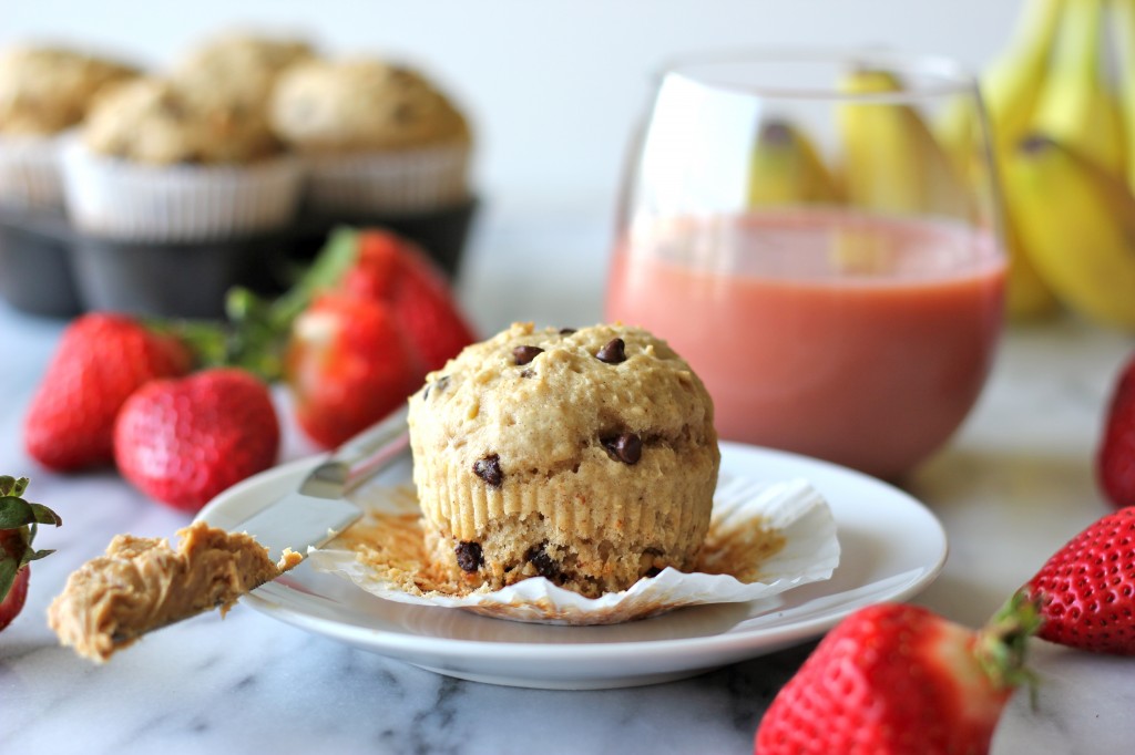 Banana Peanut Butter Chocolate Chip Muffins - Start your morning off right with these indulgent banana muffins!