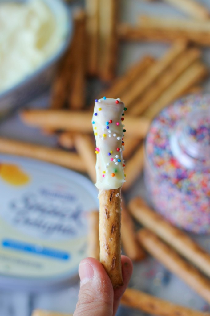 White Chocolate Smothered Pretzel Sticks with Sprinkles