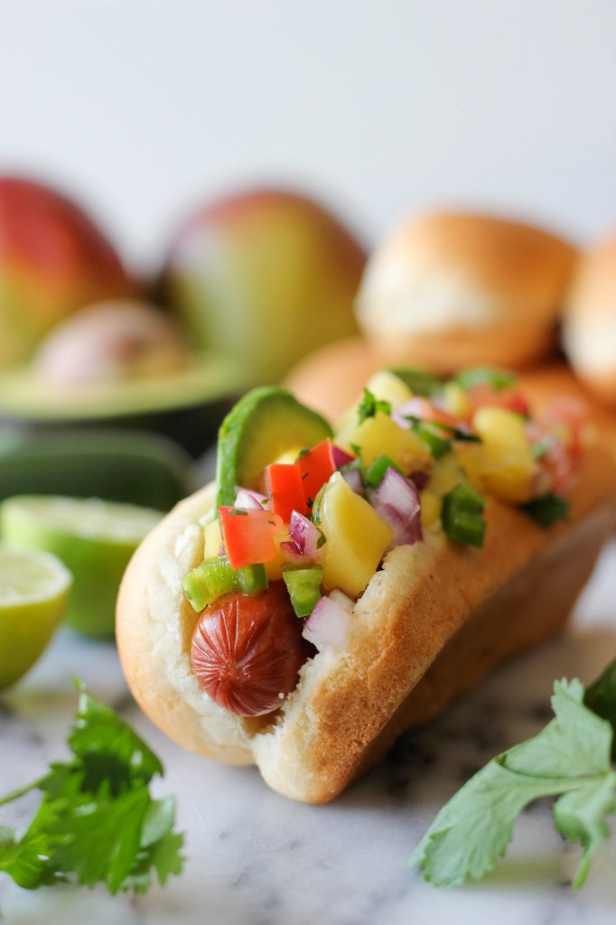 Hot Dogs with Cucumber-Mango Slaw and Homemade Srirachup