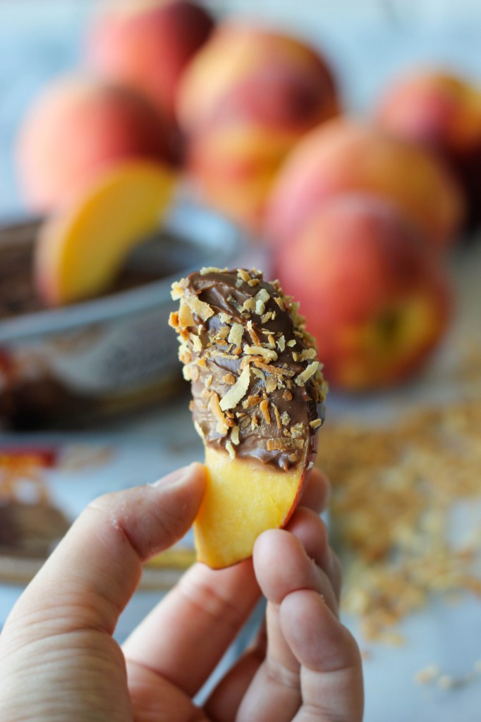 Milk Chocolate Coconut Crusted Peach Slices - These peach slices have a fun, tropical kick, perfect as an afternoon snack!