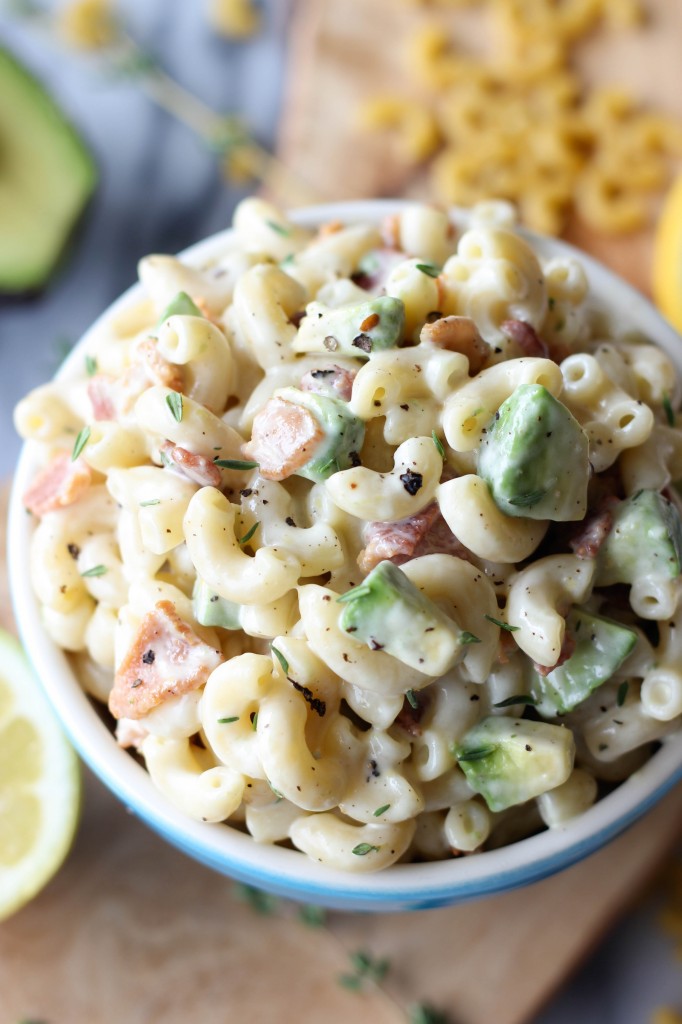 Bacon and Avocado Macaroni Salad - Loaded with fresh avocado and applewood smoked bacon tossed in a lemon-thyme dressing!