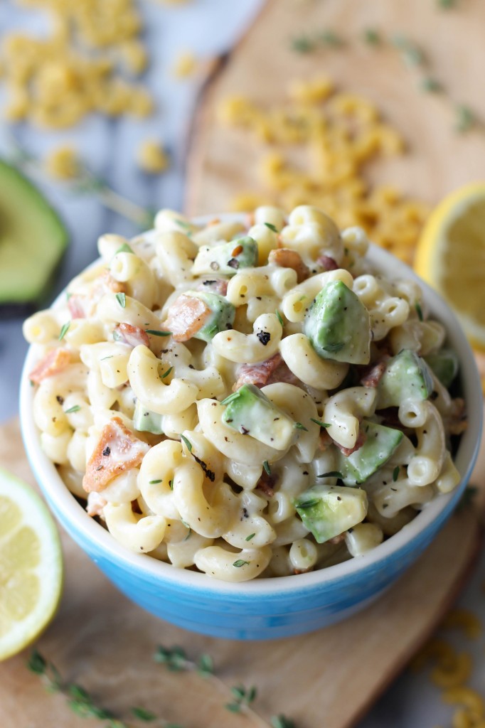 Bacon and Avocado Macaroni Salad - Loaded with fresh avocado and applewood smoked bacon tossed in a lemon-thyme dressing!