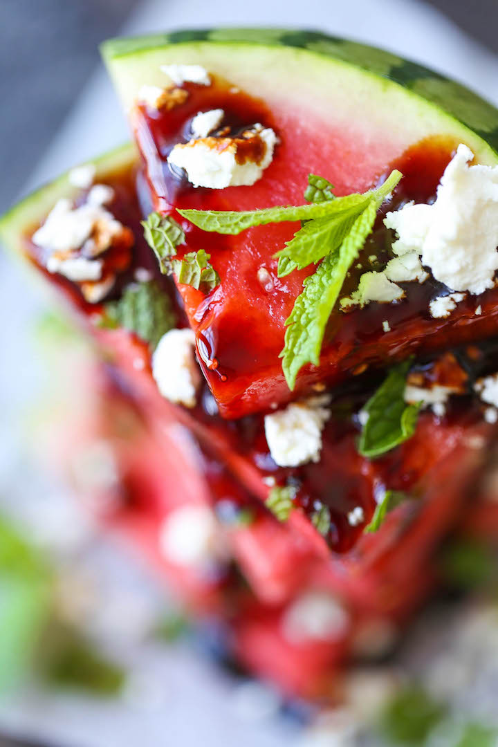 Watermelon Salad with Balsamic Reduction - A refreshing mix of watermelon wedges with fresh mint and goat cheese - the perfect way to cool down this summer!