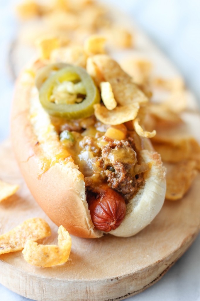 Texas Corn Dogs - These hot dogs are loaded with a quick and easy homemade corn chili and Fritos Corn Chips for that added crunch!