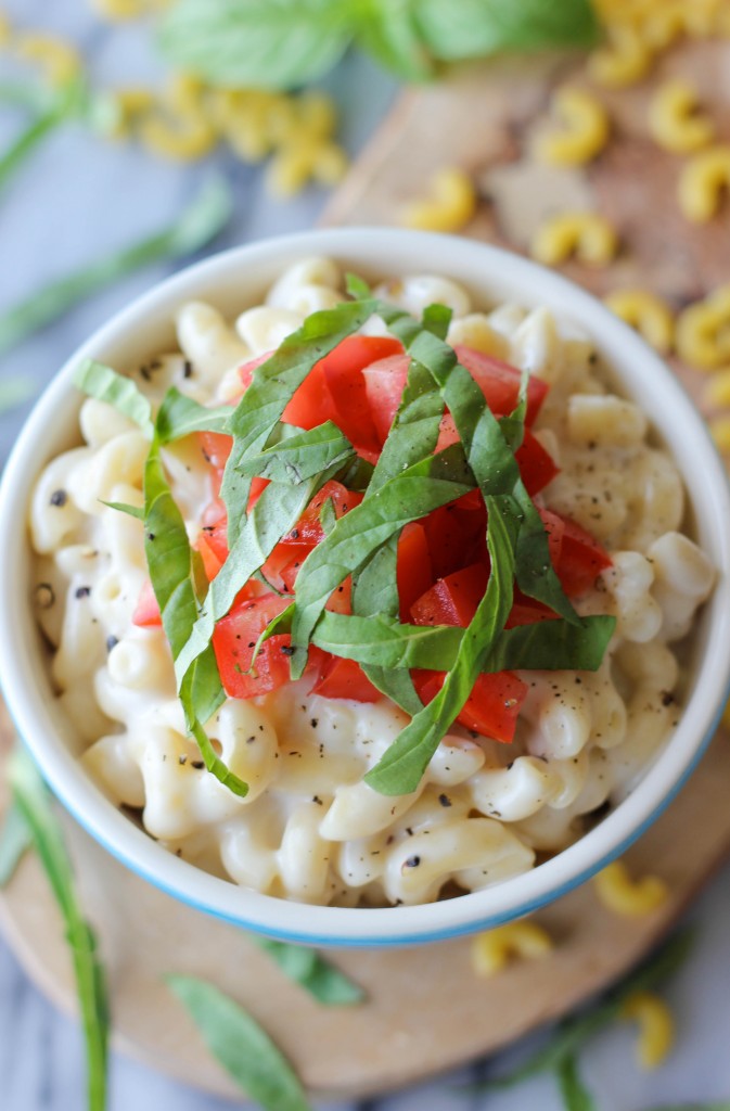 Caprese Mac and Cheese - Velvety macaroni and cheese, caprese style, with fresh mozzarella, Roma tomatoes and basil leaves!