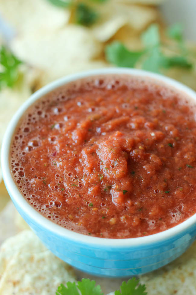 Restaurant Style Salsa - This chunky, restaurant-style salsa comes together in just 5 minutes with the help of a blender!