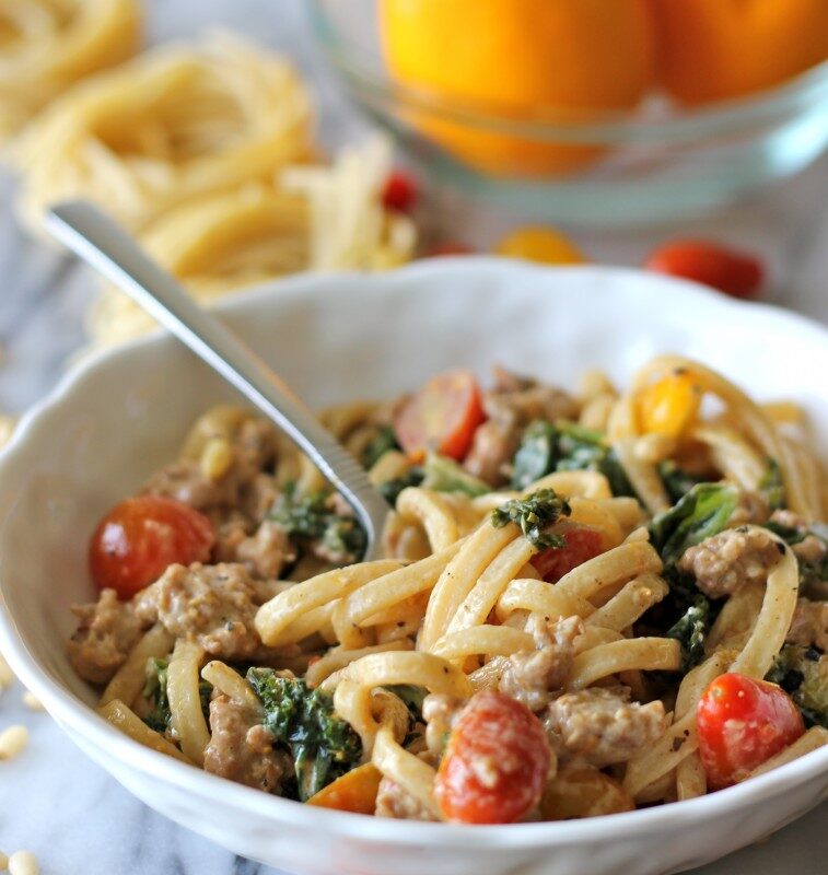 Black Truffle Pasta with Kale, Italian Sausage and Meyer Lemon Cream Sauce