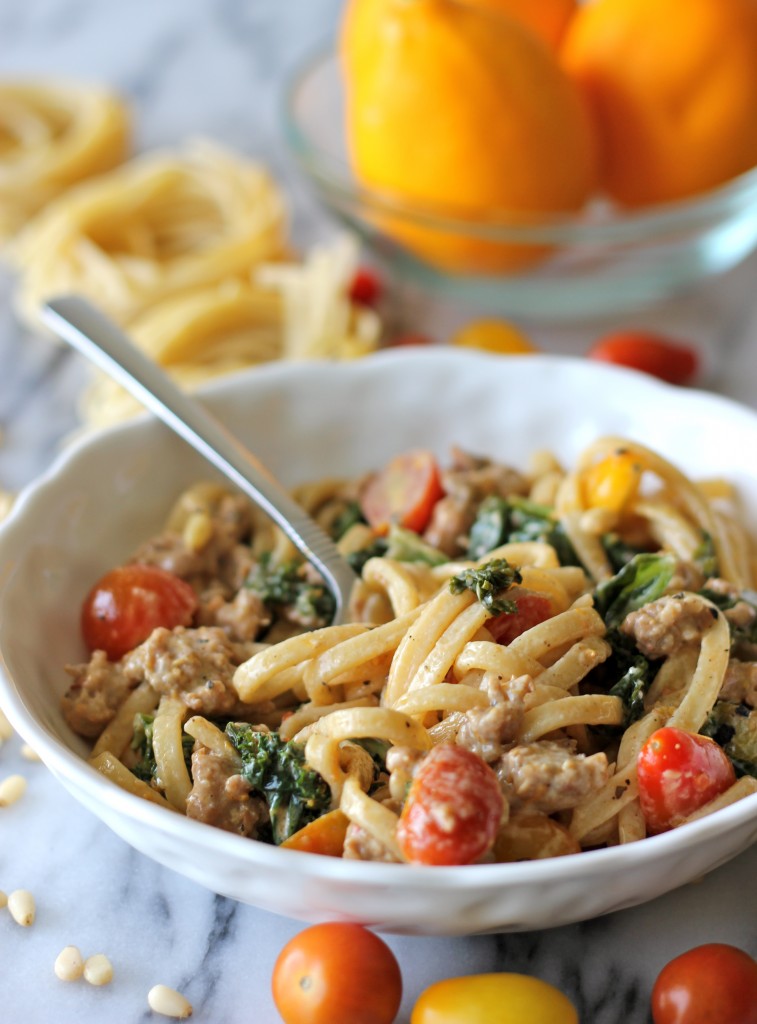 Black Truffle Pasta with Kale, Italian Sausage and Meyer Lemon Cream Sauce - Perfect for a busy weeknight meal!