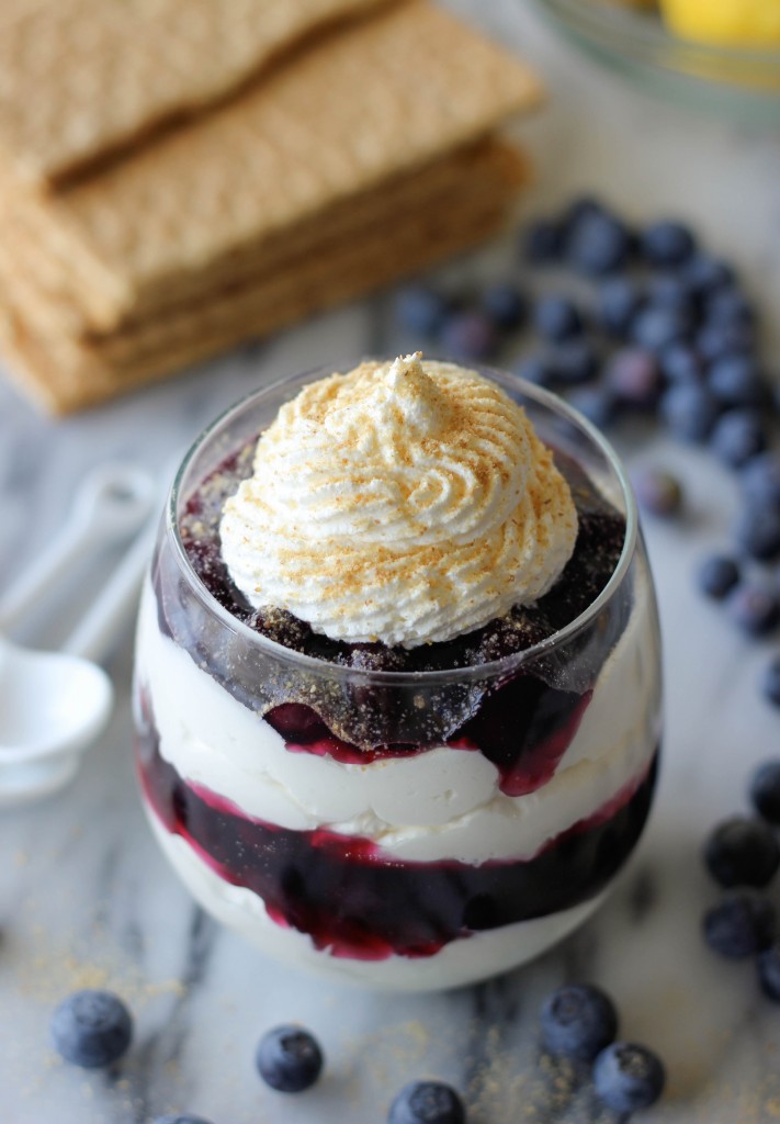 Cheesecake Parfaits with Blueberry Pie Filling - No bake creamy cheesecake filling layered with blueberry pie filling!