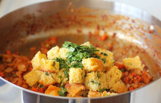 Chorizo Cornbread Stuffing - An easy, no-fuss, make-ahead crumbly stuffing with a kick of heat that the whole family will go crazy for!