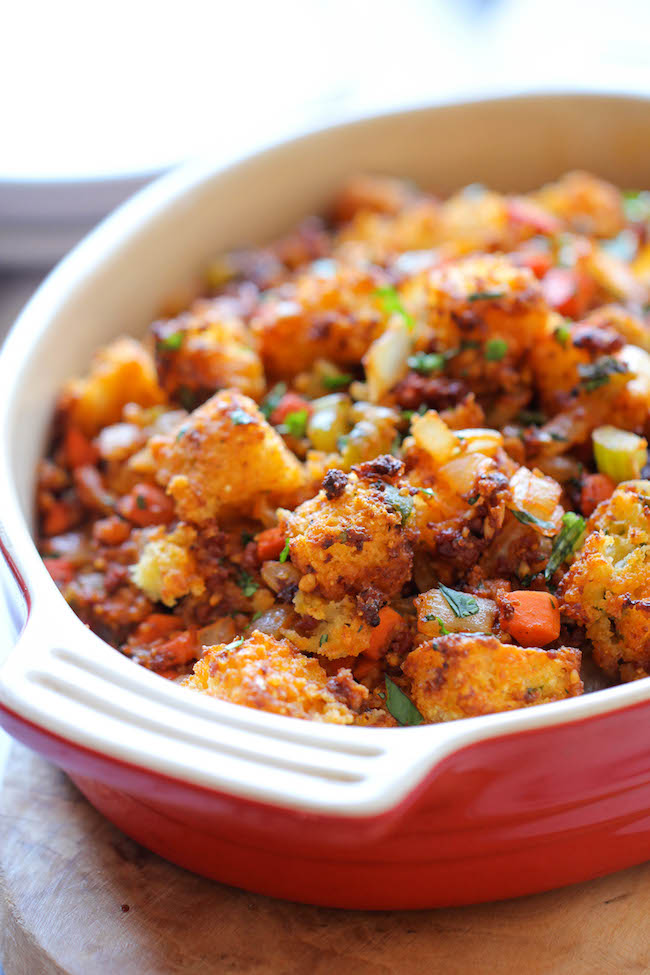 Chorizo Cornbread Stuffing - An easy, no-fuss, make-ahead crumbly stuffing with a kick of heat that the whole family will go crazy for!