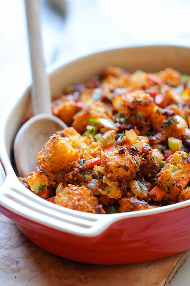 Chorizo Cornbread Stuffing - An easy, no-fuss, make-ahead crumbly stuffing with a kick of heat that the whole family will go crazy for!