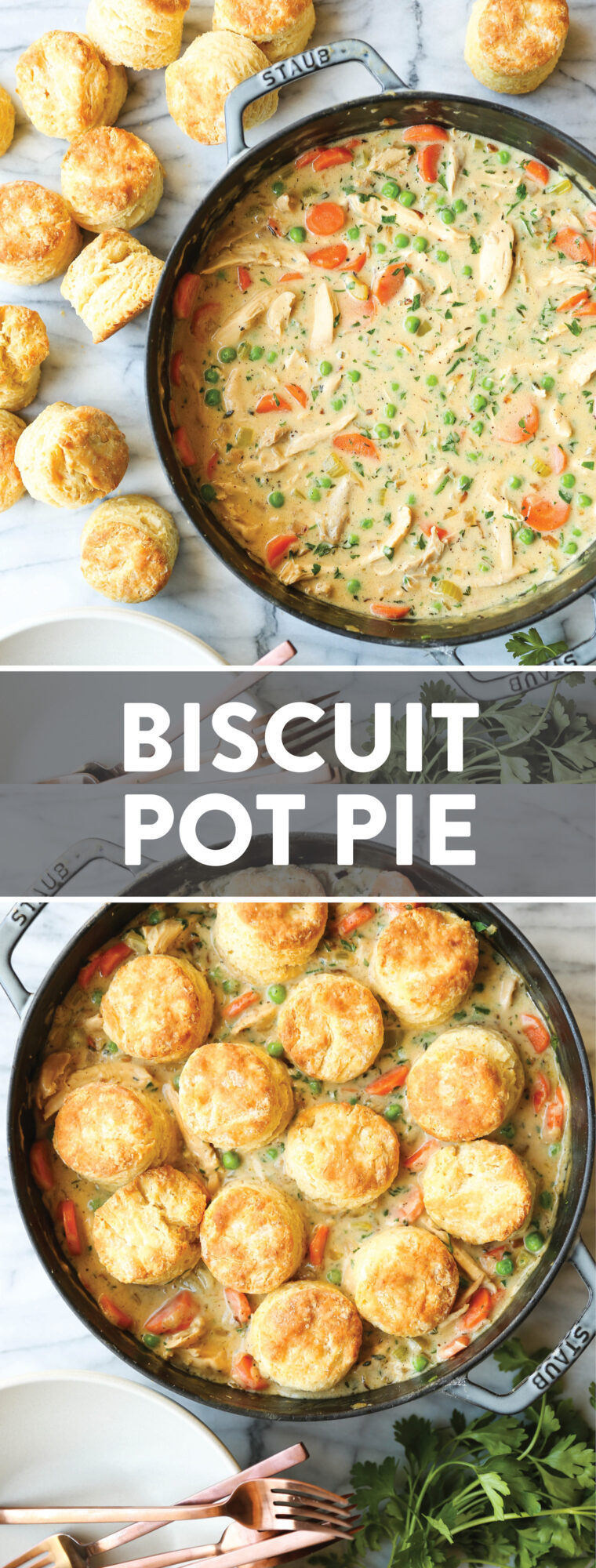 Biscuit Pot Pie - The ultimate comfort food! Topped with the flakiest, mile-high biscuits ever (made ahead of time). So cozy + so darn good!