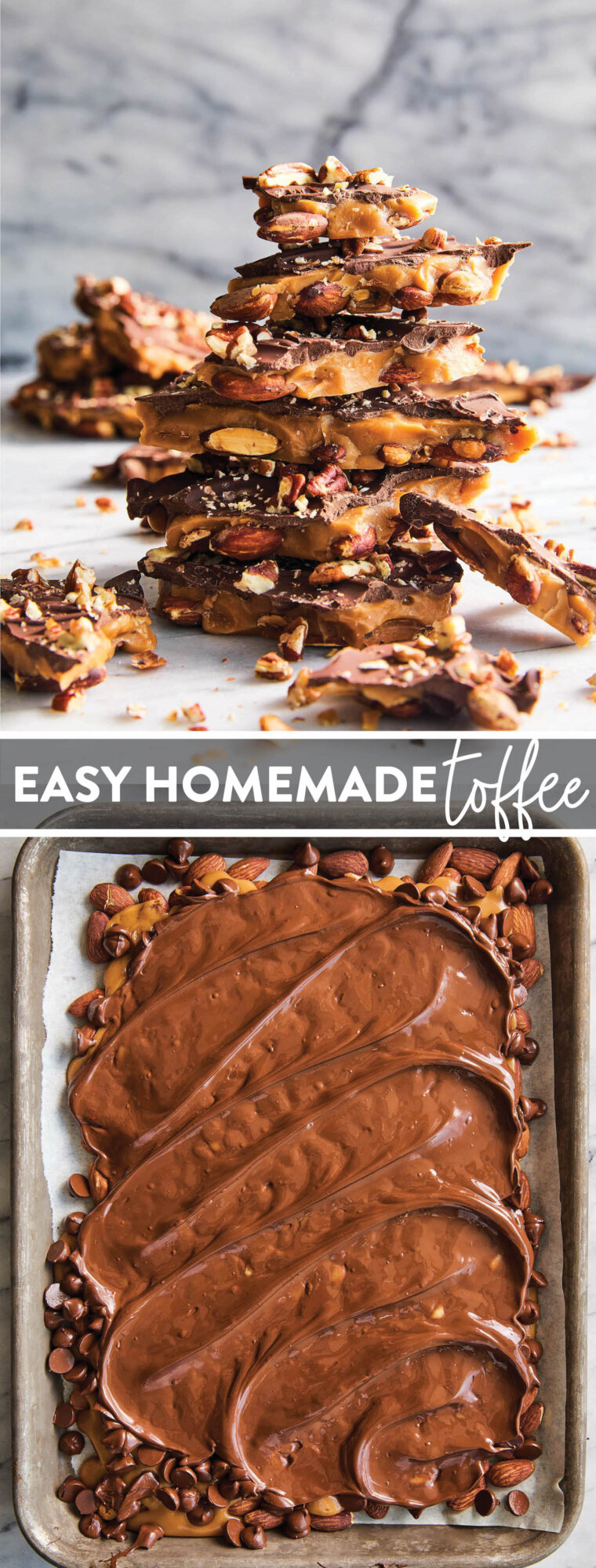 Easy Homemade Toffee - An unbelievably easy peasy, no-fuss, homemade toffee recipe (even for you first-timers!). So perfect for the holidays!