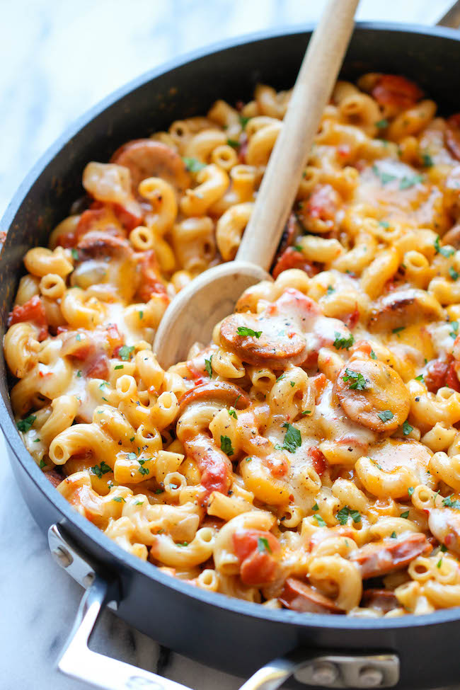 One Pot Andouille Sausage Skillet Pasta - This dish comes together so easily in one skillet. Even the pasta gets cooked right in the pan!