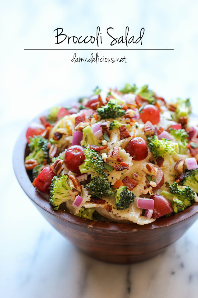 Broccoli Salad - A healthy, hearty broccoli salad loaded with plump grapes and crunchy pecans tossed in a "skinny" Greek yogurt dressing!
