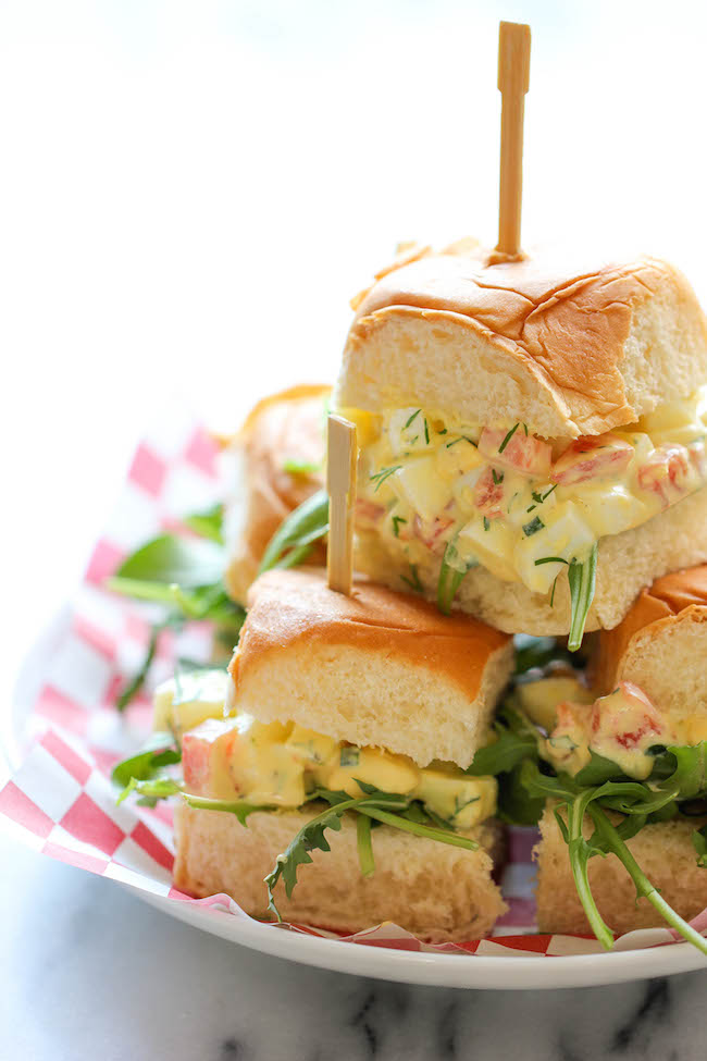 Skinny Egg Salad Sliders - Cut back on the calories with these healthy Greek yogurt egg salad sliders on sweet Hawaiian rolls!