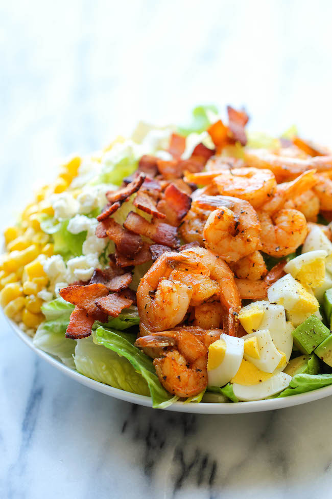 Shrimp Cobb Salad - A light, filling salad loaded with roasted shrimp, bacon bits, and avocado in a tangy, refreshing vinaigrette!