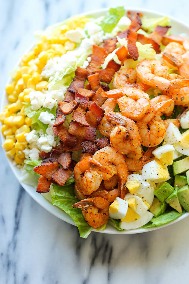 Shrimp Cobb Salad - A light, filling salad loaded with roasted shrimp, bacon bits, and avocado in a tangy, refreshing vinaigrette!
