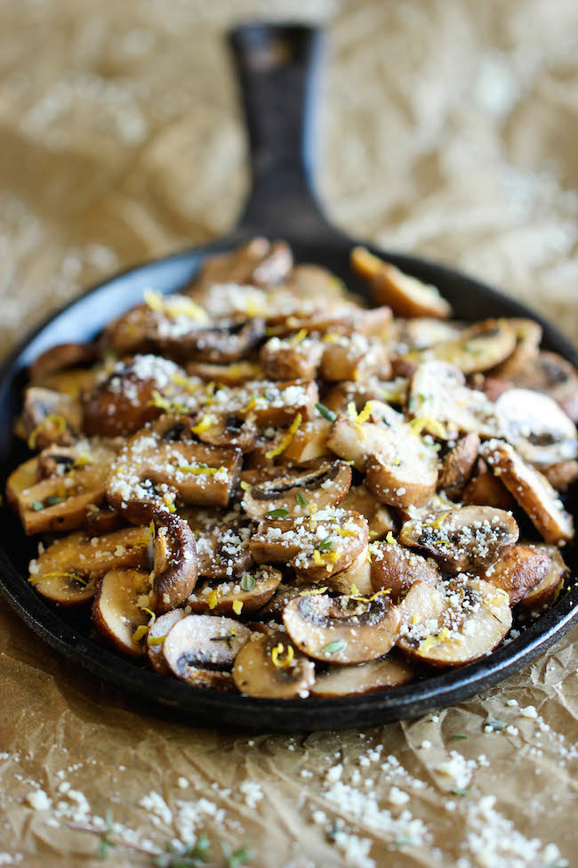 Baked Parmesan Mushrooms - The easiest, most flavorful mushrooms you will ever make, baked with parmesan, thyme and lemon goodness!