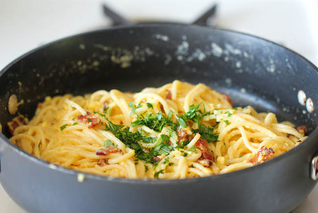 Spaghetti Carbonara - The easiest pasta dish you will ever make with just 5 ingredients in 15 minutes, loaded with Parmesan and bacon!