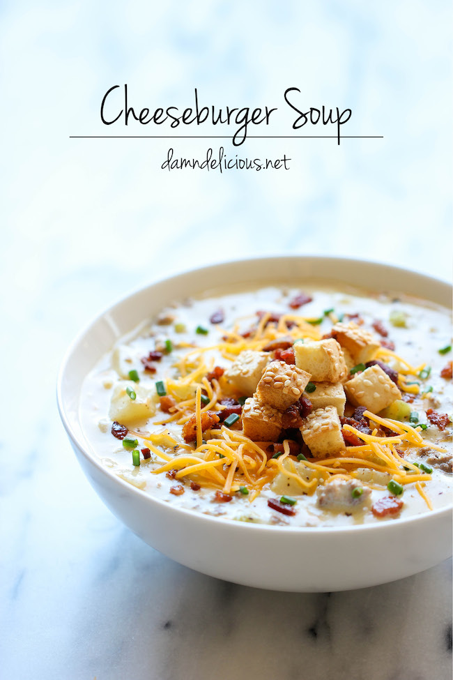 Cheeseburger Soup - All the flavors of a cheeseburger in a creamy, comforting soup, topped with crisp bacon and hamburger bun croutons!