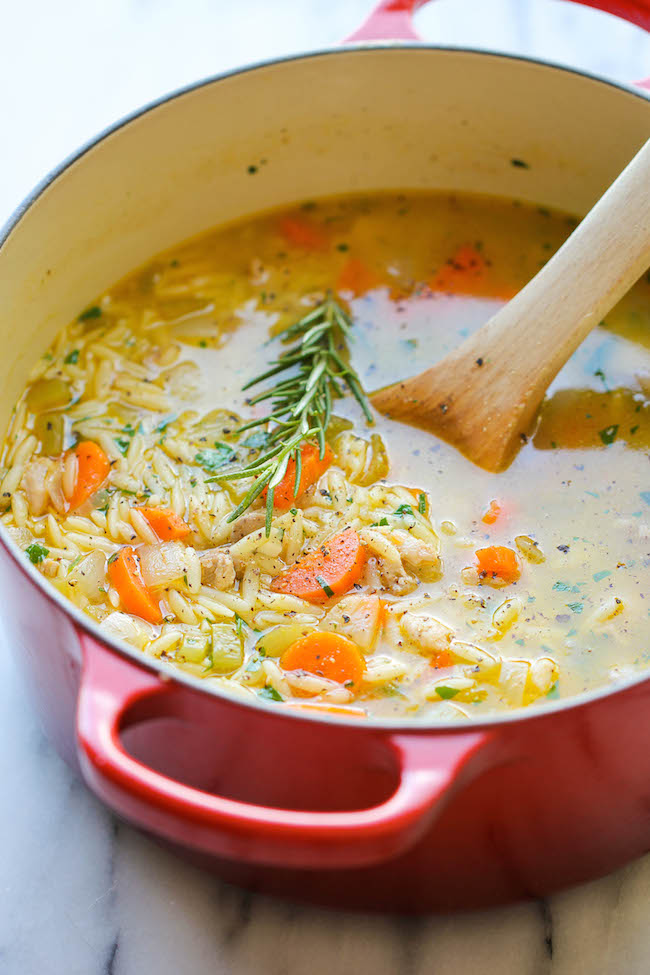 Lemon Chicken Orzo Soup - Chockfull of hearty veggies and tender chicken in a refreshing lemony broth - it's pure comfort in a bowl!
