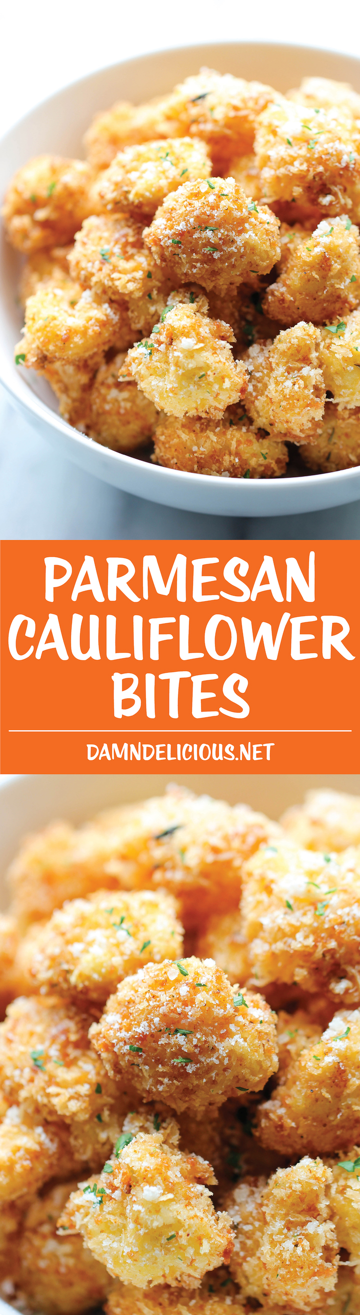 Parmesan Cauliflower Bites - Crisp, crunchy cauliflower bites that even the pickiest of eaters will love. Perfect as an appetizer or snack!