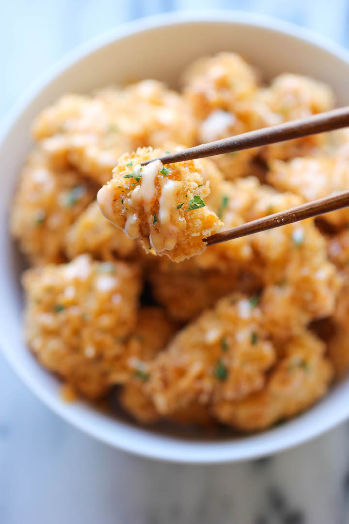Bang Bang Chicken - Amazingly crisp chicken bites drizzled with sweet chili mayo - so good, you'll want to double or triple the recipe!