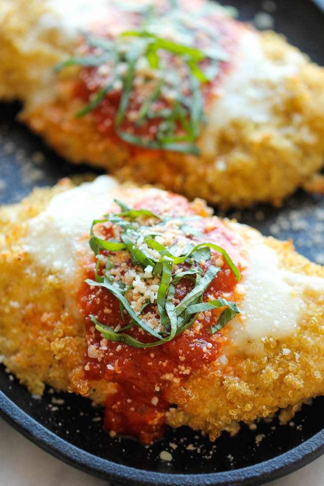 Quinoa Chicken Parmesan - With an amazingly crisp quinoa crust, you’ll never guess that this is actually so healthy and packed with tons of protein!