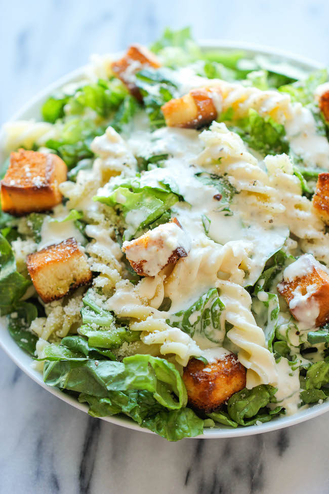 Fusilli Caesar Salad - The best caesar salad with sweet Hawaiian bread croutons. So good, you'll want to eat all of the croutons first!