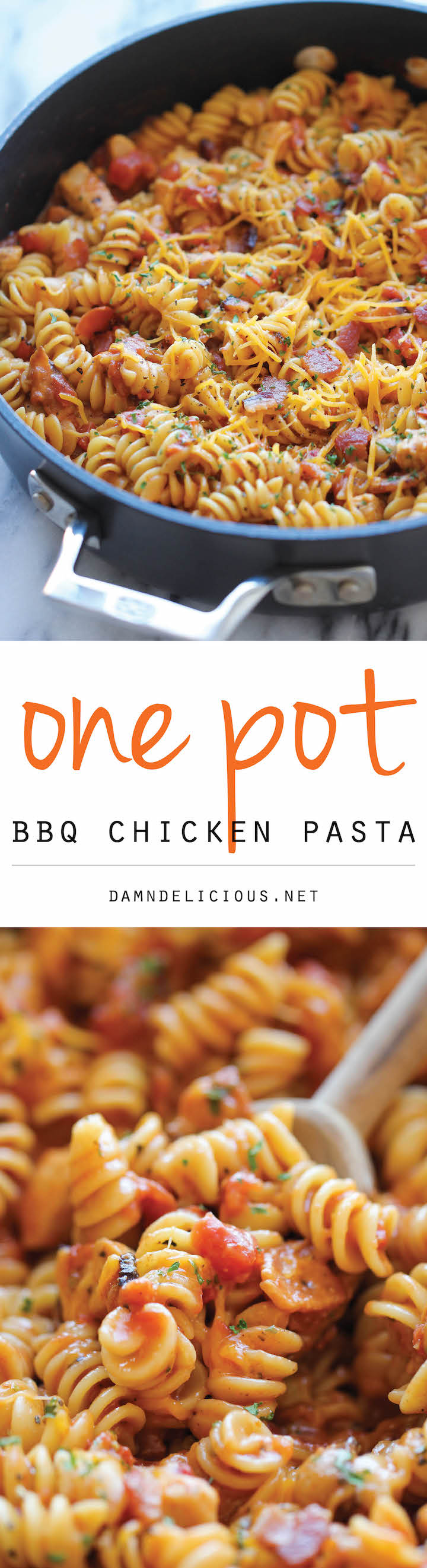 One Pot BBQ Chicken Pasta - A super easy one pot cheesy pasta dish loaded with tangy BBQ sauce and crisp bacon. Even the pasta gets cooked right in the pot!