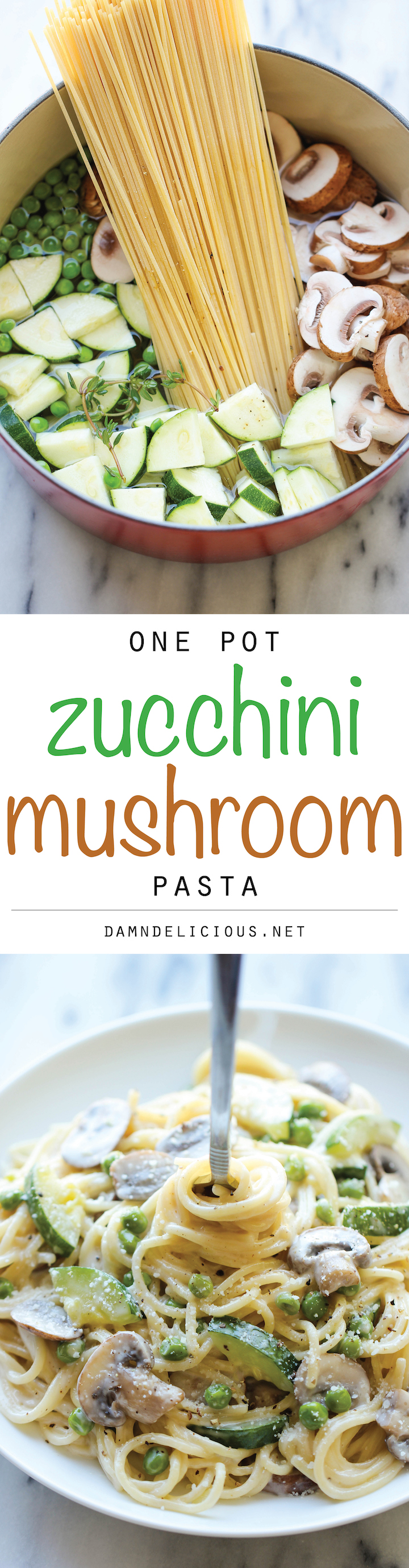 One Pot Zucchini Mushroom Pasta - A creamy, hearty pasta dish that you can make in just 20 min. Even the pasta gets cooked in the pot!