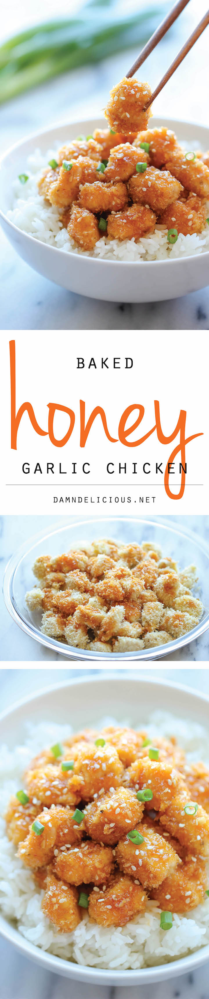 Baked Honey Garlic Chicken - A take-out favorite that you can make right at home, baked to crisp perfection. It's healthier, cheaper and so much tastier!