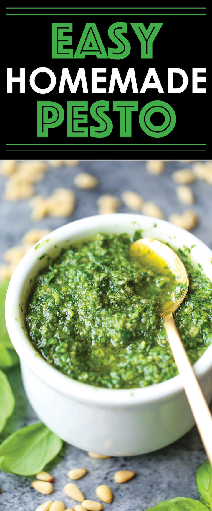 Easy Homemade Pesto - No need for store-bought pesto anymore. This recipe is so easy with just 5 ingredients. And it takes just 5 min to make too!