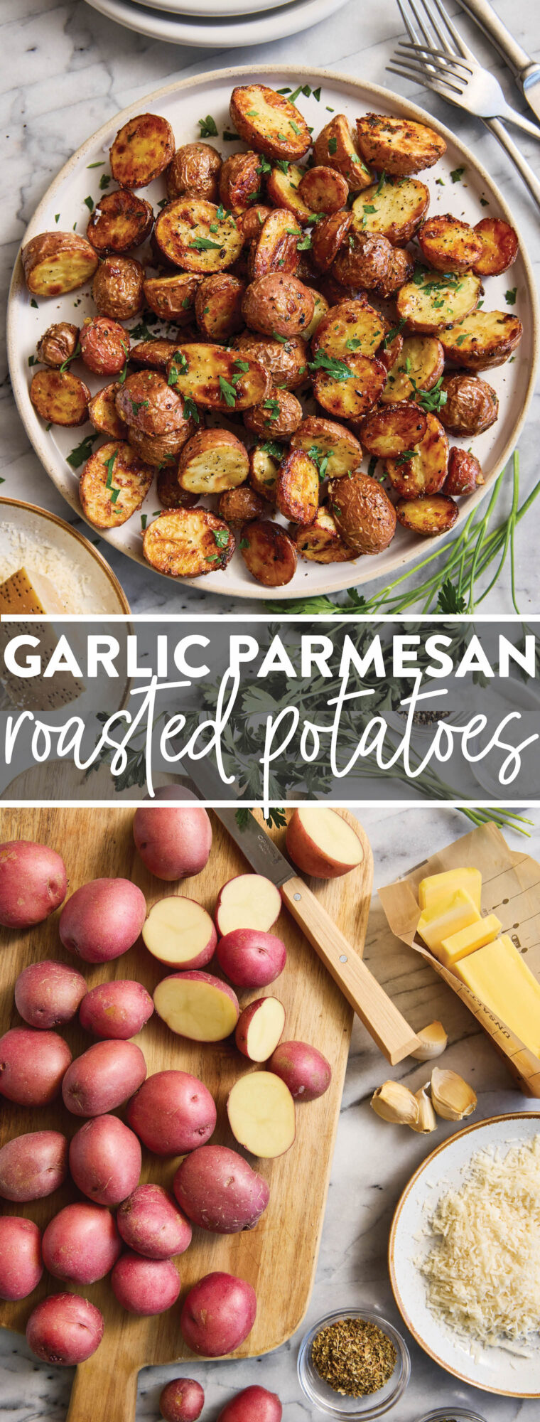 Garlic Parmesan Roasted Potatoes - Perfectly crisp-tender garlicky, buttery roasted potatoes. The most perfect side dish for all your meals!