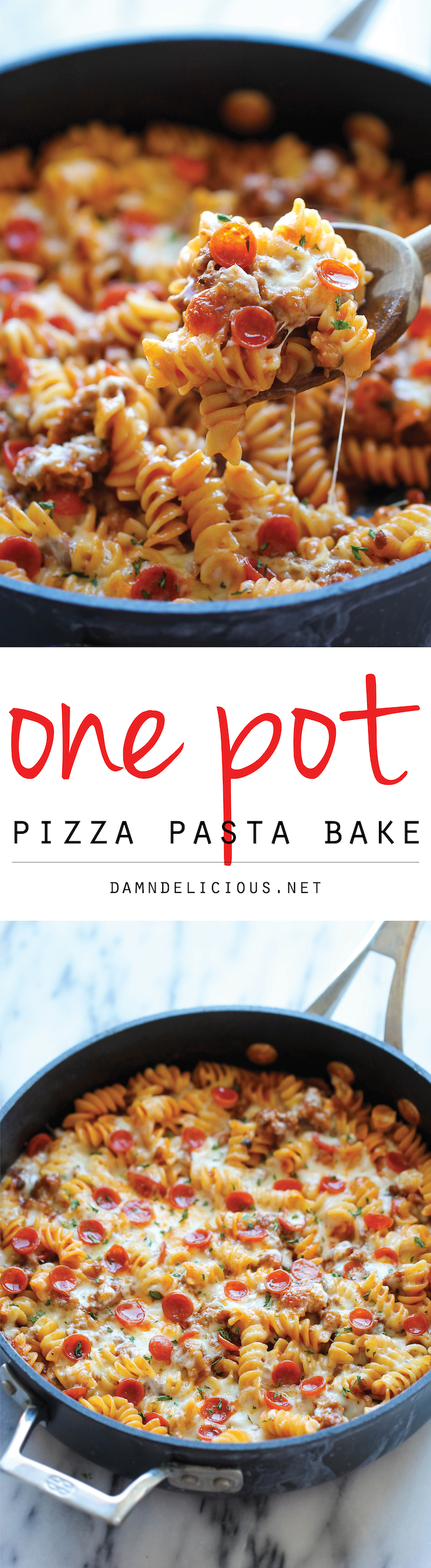 One Pot Pizza Pasta Bake - An easy crowd-pleasing one pot meal that the whole family will love! Everyone will be begging for seconds!