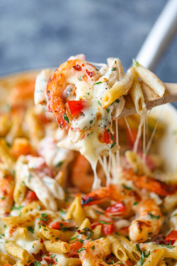 Skinny Shrimp Alfredo Pasta Bake - Damn Delicious